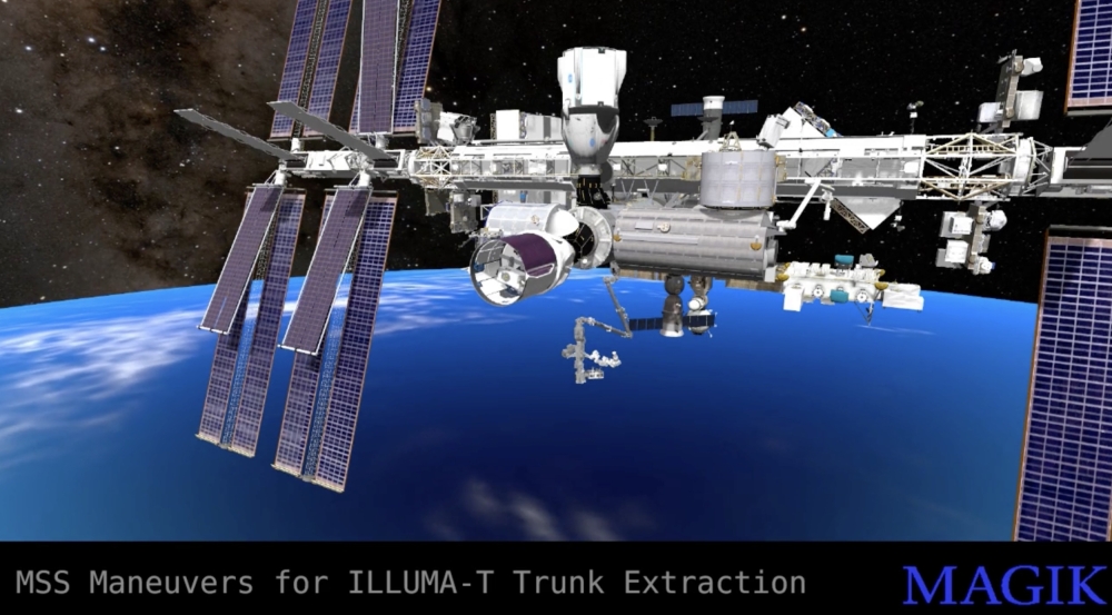 An animation of a laser communications payload getting moved with arms for installation onto the International Space Station.