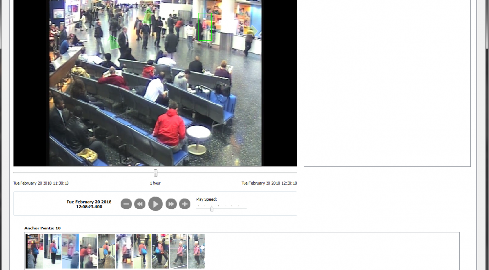 The Forensic Video Exploitation and Analysis interface enables security personnel to highlight a person of interest and then reconstruct the path of that individual across multiple camera views.