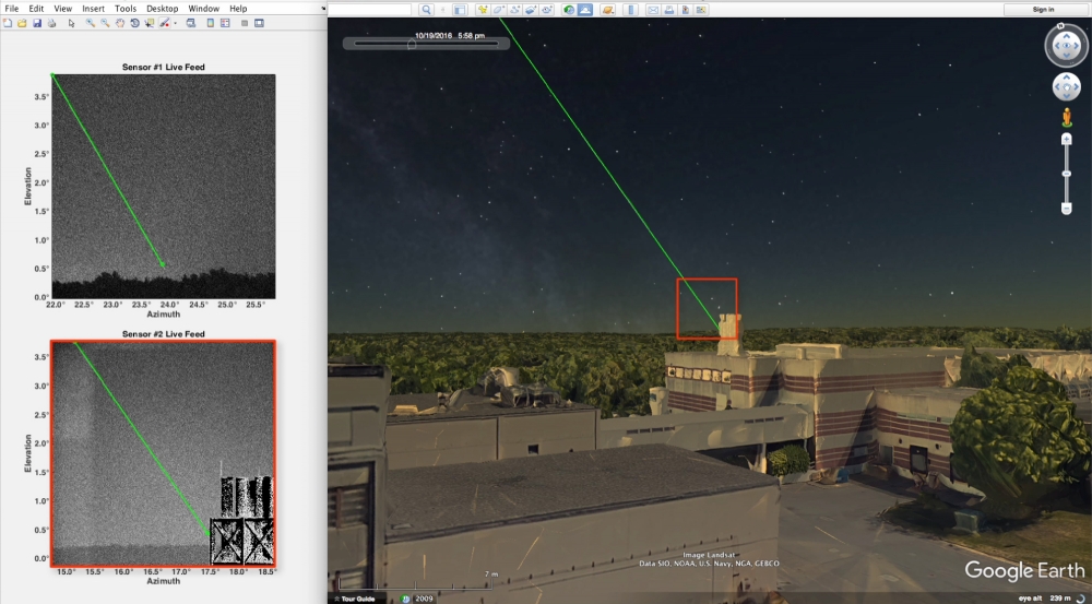 The LASSOS display screen highlights the laser strike event in live sensor imagery on the left and generates a 3D model of the laser streak in Google Earth, right.