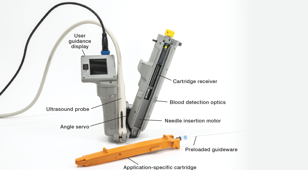 an image of the handheld AI-GUIDE Device. it consists of a grey plastic portion, containing a small screen and needle inserter, a white ultrasound probe, and an orage application-specific guidewire cartridge,