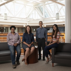 From left to right are Melva James, Stephanie Carnell, Jonathan Su, and Neela Kaushik, the team developing Adaptable Interpretable Machine Learning (AIM) at Lincoln Laboratory. Photo: Glen Cooper