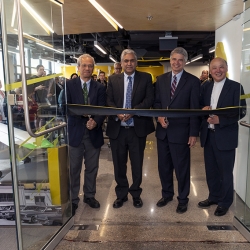 Daniel Hastings, AeroAstro Department Head; Anantha Chandrakasan, Dean, MIT School of Engineering; Eric Evans, Director, Lincoln Laboratory; and Robert Shin, Director, Beaver Works, opened the Beaver Works space in Building 31.