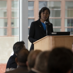 a photo of a woman standing and speaking at a podium next to an American flag