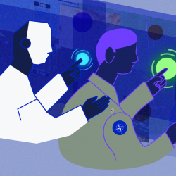 An illustration of two figures sitting in front of abstract computer screens. The figure on the right is a human and is clicking on a notification. The figure to the human's left represents an AI teammate and is patting him on the back.