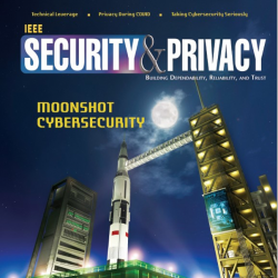 A magazine cover showing the words "Security and Privacy" at the top, a photo of a rocket ready to launch, and the words "Moonshot Cybersecurity"