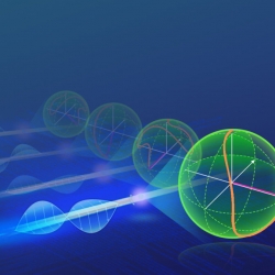an illustration; blue background, a green sphere on the right-hand side, and then yellow and blue lines leading to the orb, representing electronic waveforms.
