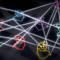 An illustration showing 11 "nodes" represented as outlines of human heads, of various colors (green, pink, red, blue). The nodes are connected by white lines, against a black background.