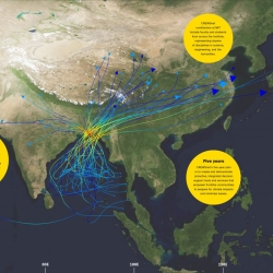 A satellite image over Bangladesh. Drawn over the image are dozens of lines representing tropical cyclone tracks.