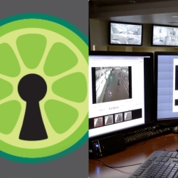 The logo for the Keylime cloud security software features the inside of a Lime (left); two desktop computers run the Forensic Video Exploitation and Analysis (FOVEA) software (right). 