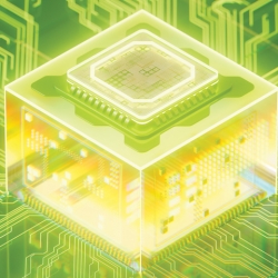 an illustration of an integrated circuit surrounded by a green cube. 