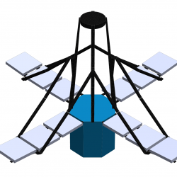 For installation aboard a launch vehicle, a space telescope using technology developed for DISCIT will fold up into the compact shape seen at the left, but will expand its segmented sparse subapertures, right, once deployed.