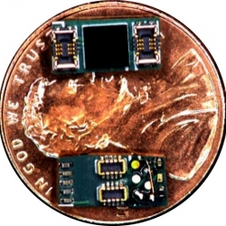 This image shows micro-chips for Super-DICE atop a penny for size reference.