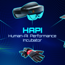 A graph with the words HAPI Human AI-performance against a blue background. Surrounding the words are images of technologies, including a wristband, a laptop, a sensored helmet, VR glasses, and gloves.