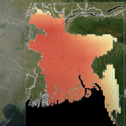 A photo of a Google earth image of Bangladesh, with a heat map over it showing mostly red.