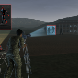 An illustation of a U.S. servicemember looking through a camera, highlighting two figures in the distance. A zoom in view of the figures highlights points on their body that can be used to recognize their gait.