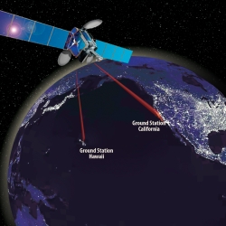 A rendition of a communications payload on its spacecraft host, with laser links over the Earth connecting Hawaii and California.