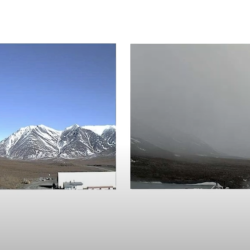 Two photos are shown of the same landscape. The left hand photo shows a clear day, with a mountain in the distance. The right hand side shows a foggy view, with the mountain obscured.