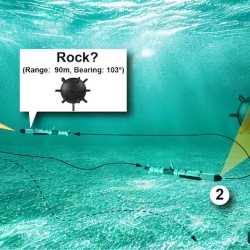 A diver and autonomous underwater vehicle swim underwater to identify an object (mine).