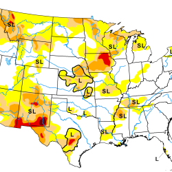 A map of the United States with areas colored on a scale from yellow to dark red, indicating drought severity.