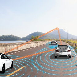 An illustration of two self-driving cars detecting nearby objects and sharing sensor data using the same radio-frequency band.