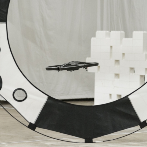 A drone navigates the obstacles in the Autonomous Drone Race challenge.