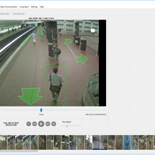 A snapshot of a software interface shows a video feed of a subway station, with green box around a man walking, and green arrows showing possible routes. At the bottom of hte interface is more, smaller screenshots of people in the video.