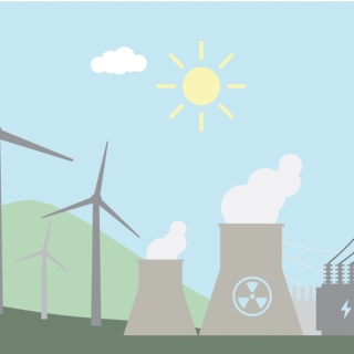 An illustration depicting different forms of energy -- solar panels, wind turbines, nuclear power plants, and electrical power plants. They are all drawn on a green lawn, with a green hills in the background, and a blue sunny sky. 