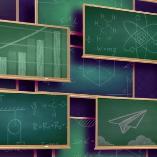 an illustration of various blackboards with different drawings on them, such as a bar graph and equations.