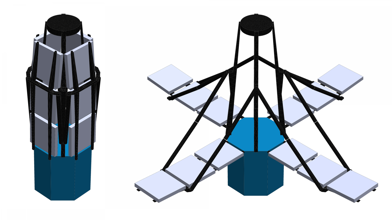 For installation aboard a launch vehicle, a space telescope using technology developed for DISCIT will fold up into the compact shape seen at the left, but will expand its segmented sparse subapertures, right, once deployed.