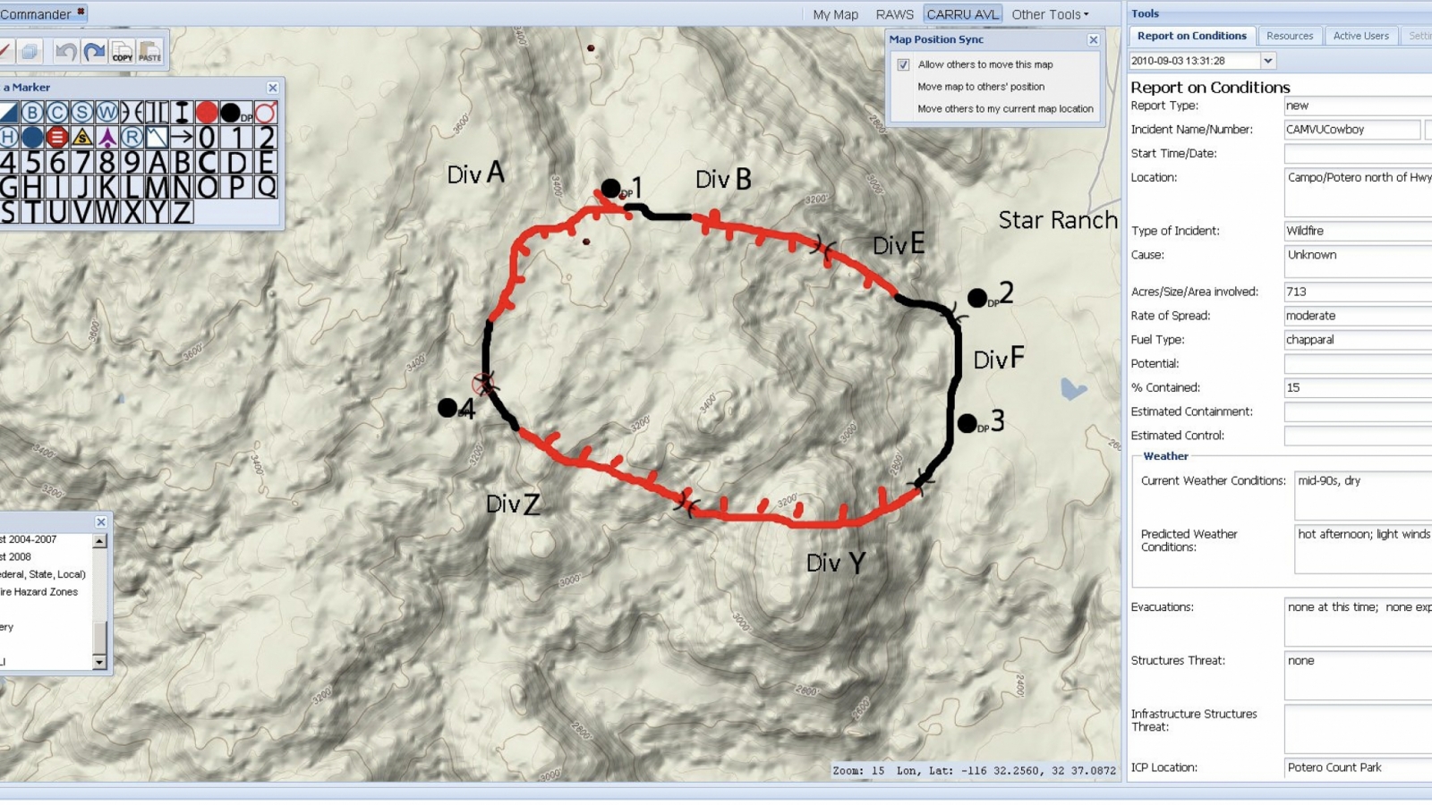 During a wildfire in southern California, emergency responders shared real-time information on the NICS interface, such as the size of the fire, unit locations, and the rate of the fire’s spread.