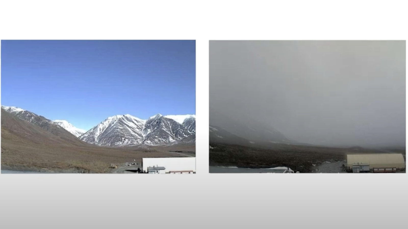 Two photos are shown of the same landscape. The left hand photo shows a clear day, with a mountain in the distance. The right hand side shows a foggy view, with the mountain obscured.