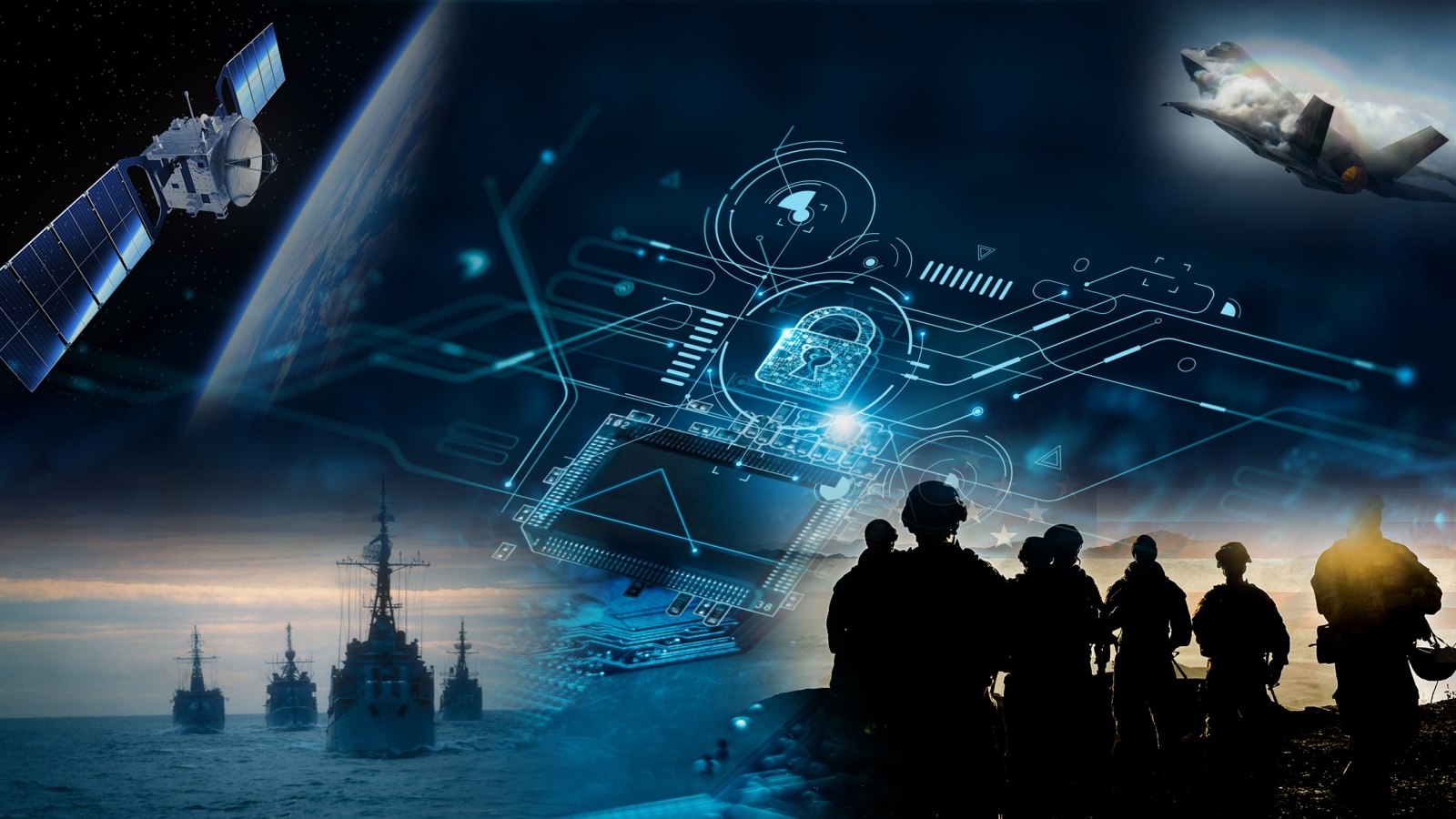 a collage of images showing a satellite, a jet, a warship, and soldiers on the ground. In the middle of the collage is an illustration of a circuit board.
