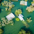 an aerial shot of a neighborhood submerged in green water.