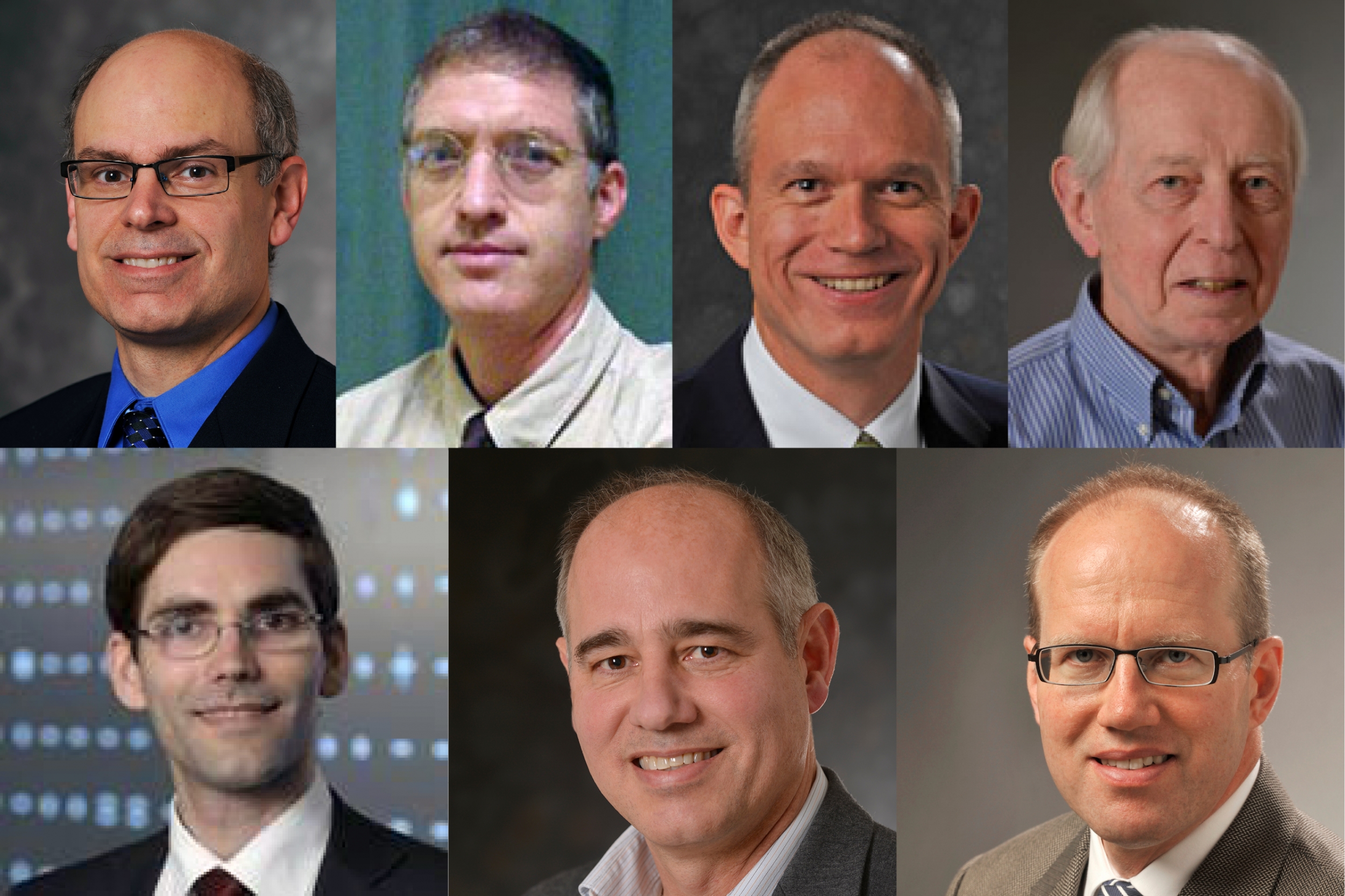 The 2017 IEEE fellows from MIT are, clockwise from top left, Robert Cunningham, Dov Dori, Paul Juodawlkis, Daniel Oates, Steven Smith, Frank Robey, and Tomás Palacios.