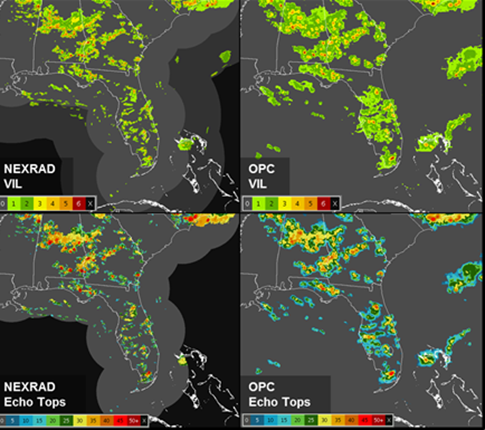 This comparison between displays of NEXRAD (left) and OPC (right) data shows that over land OPC is able to provide a proxy for radar by accurately identifying storm location, intensity, and height. In the OPC images, radar data was not merged.