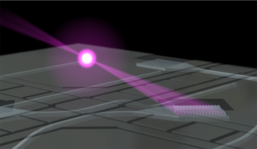 The vertical grating couplers are periodic structures that shoot light up and out of the chip, directly aiming it at and focusing it on the trapped ion, ensuring accuracy and mitigating the risk of hitting nearby ions.