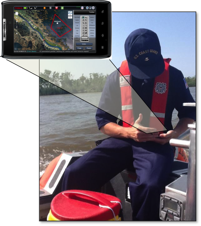 A U.S. Coast Guard responder offshore is able to access real-time information from NICS' onshore computers on a mobile device. Photo: Amna Greaves