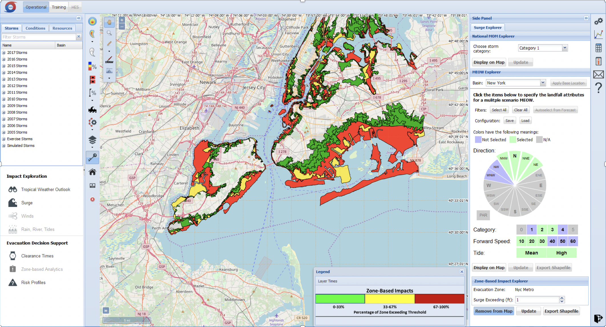 This example of an evacuation zone–based impact assessment in the HVX platform shows the percentage of area covered by more than one foot of water given the specified forecast parameters.