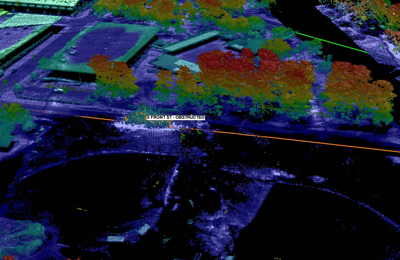 a lidar image shows a tree blocking a road 