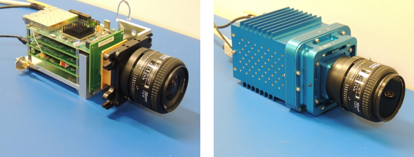 The Dual-Mode Imaging Receiver camera lens and electronics are seen on the left. The image at right shows the camera in the aluminum housing designed for extreme environments.
