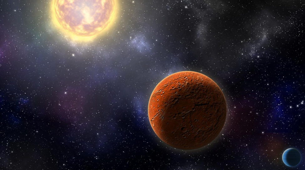 An illustration of a large red planet and small blue planet orbiting a sun
