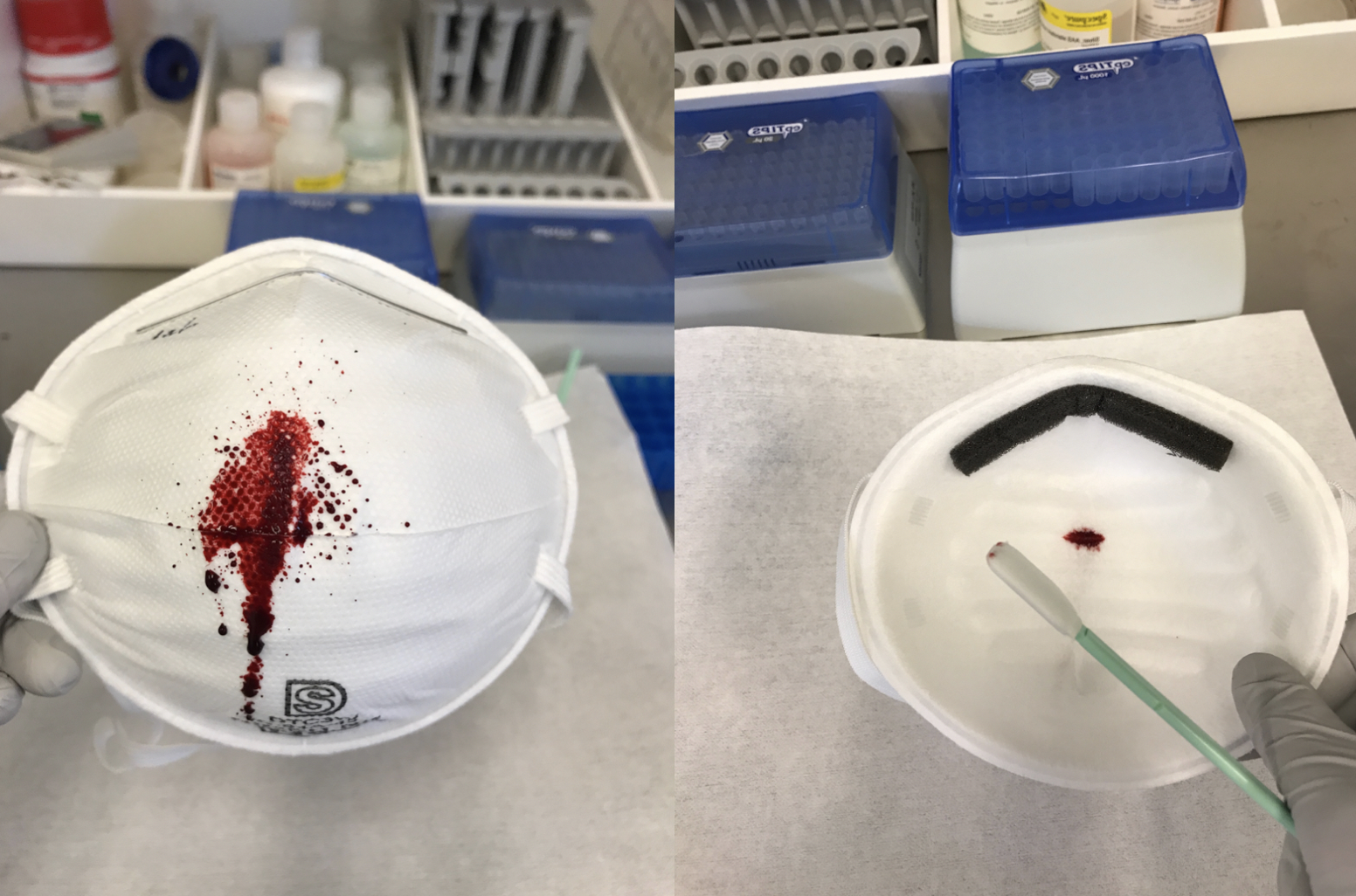 The photo on the right shows red, synthetic blood spatter on the front of a face mask. The photo on the left shows the backside of the mask, where the blood has soaked through. 