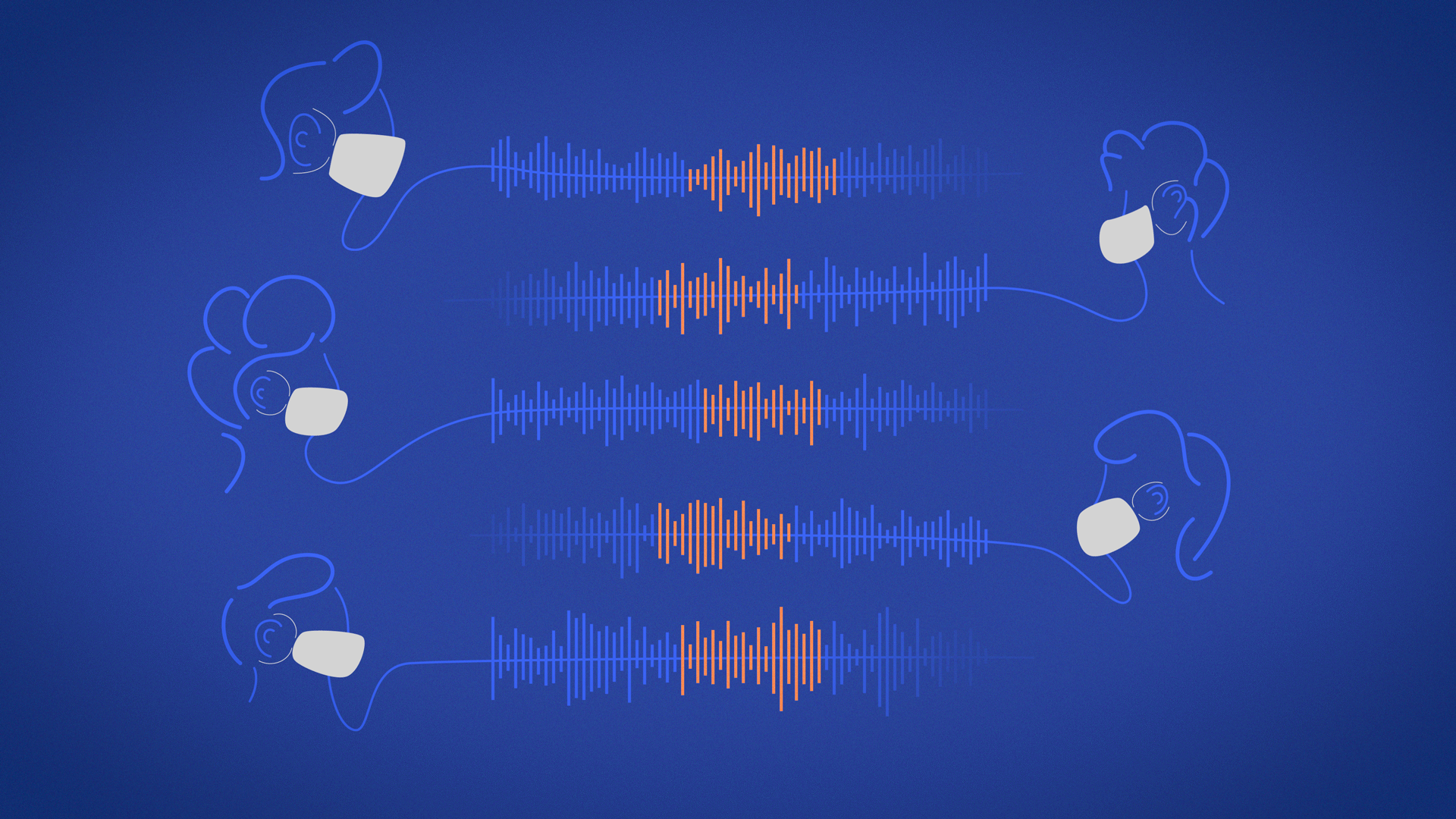 5 blue illustrated heads wearing white masks, each with a "speech wave" coming from their mouths, with the middle part of the wave highlighted orange.