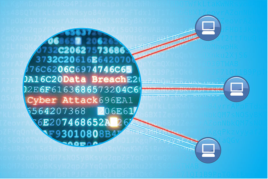 illustration of a circle with code inside with the words "data breach" and "cyber attack" in red. Red lines extend out of the circle to 3 computer symbols.