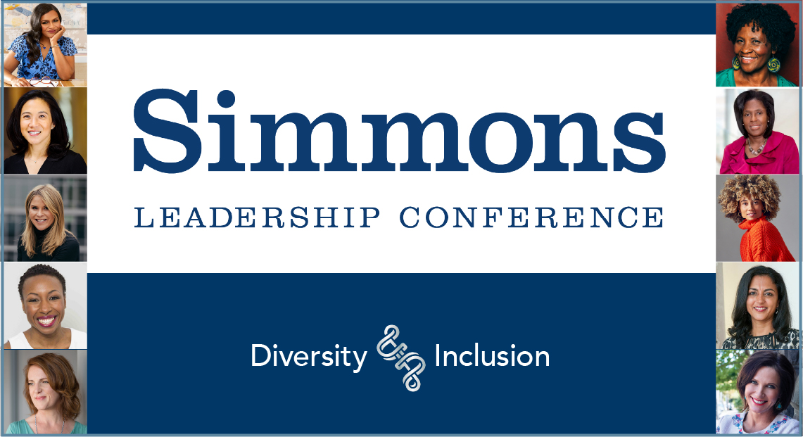 Blue and white Simmons Leadership Conference banner with portraits of the speakers on the sides. 