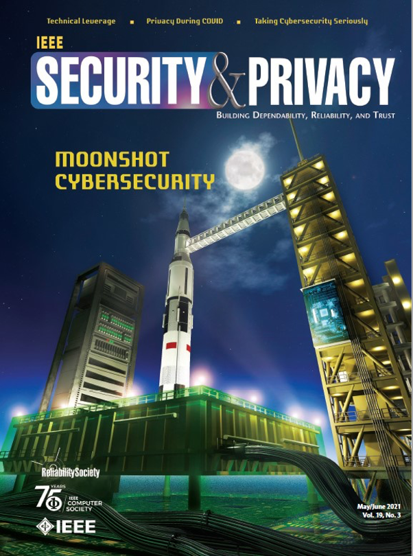 A magazine cover showing the words "Security and Privacy" at the top, a photo of a rocket ready to launch, and the words "Moonshot Cybersecurity"