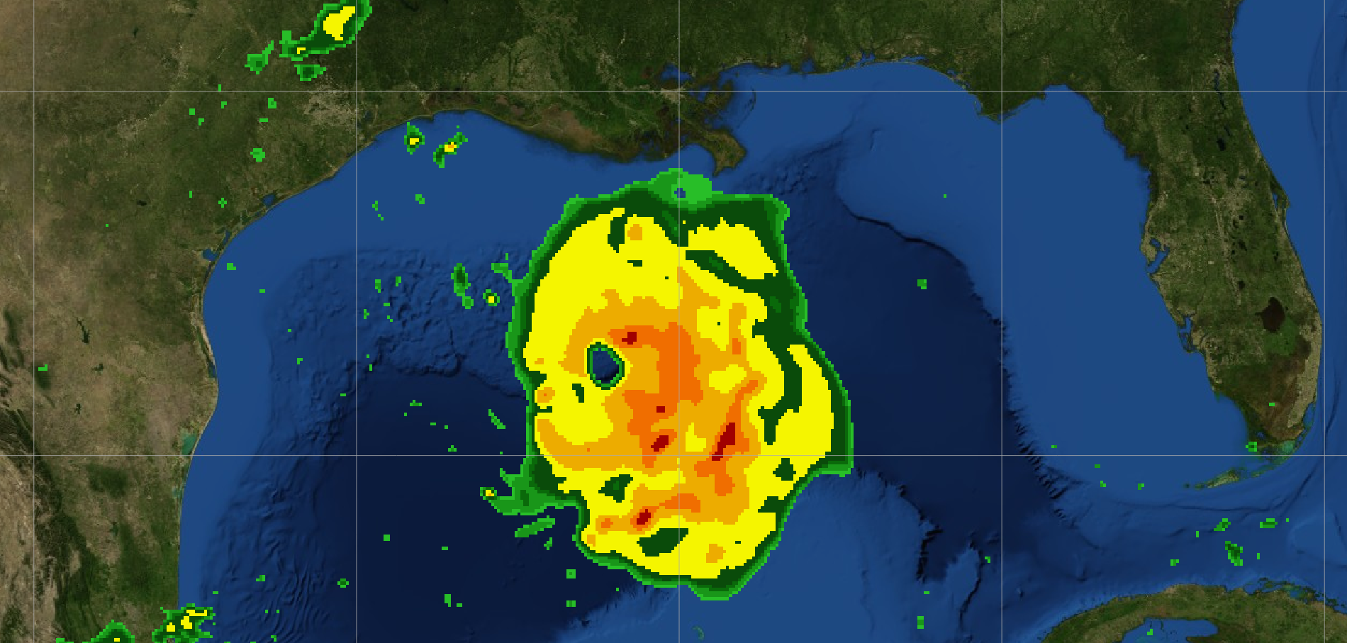 A radar-like image showing a hurricane, a circle colored yellow and red, in the blue gulf of mexico. 