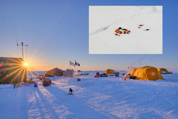 Ice Camp Queenfish, viewed from the ice and from the air (inset) on the day Evans and Whelihan arrived. 