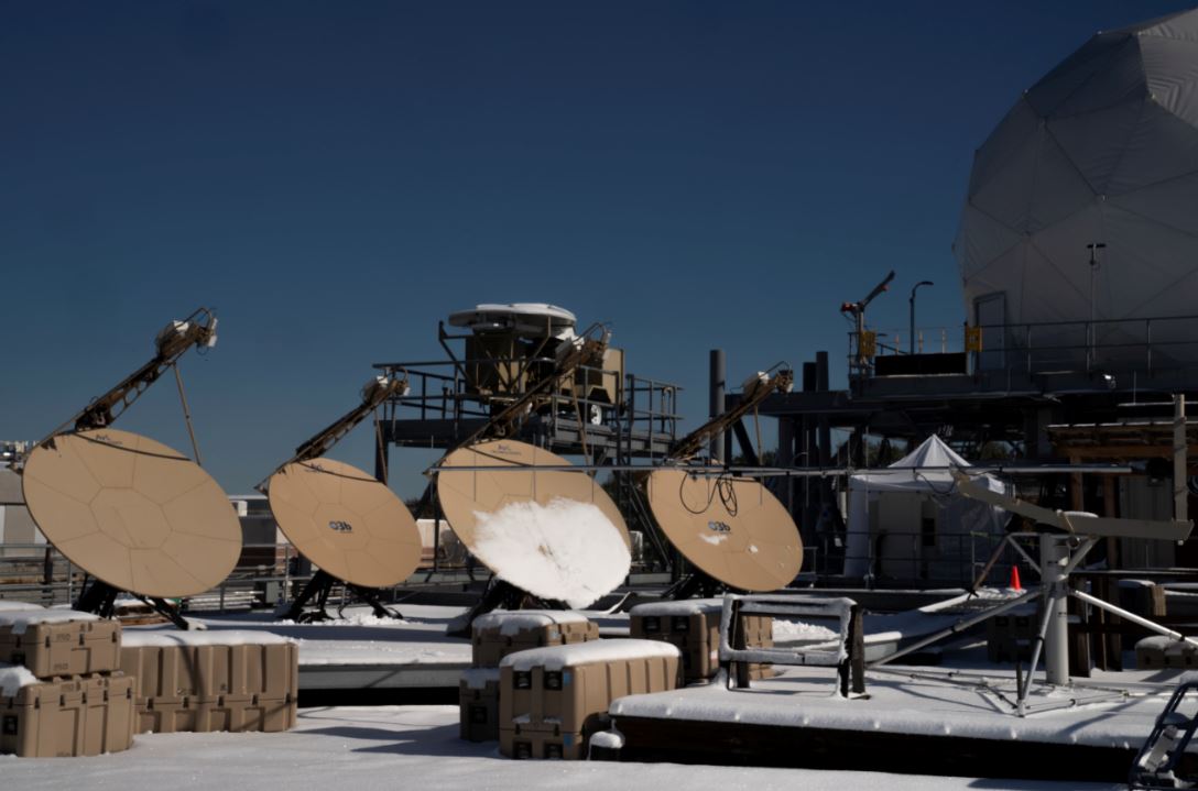 Four medium-Earth-orbit tracking antennas owned by the company SES are on site for protected tactical waveform testing with the MBTT..