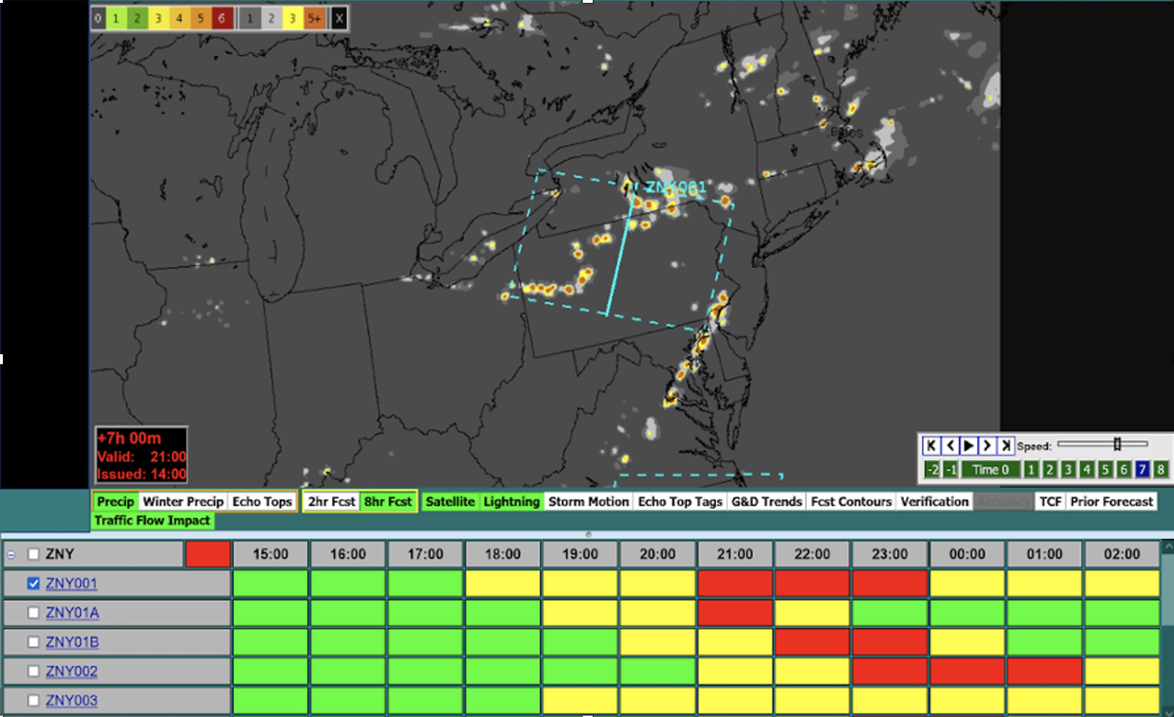 A user interface showing on the top half a radar view over the east coast of the U.S. and on the bottom half a chart with different green, yellow, and red colored boxes.